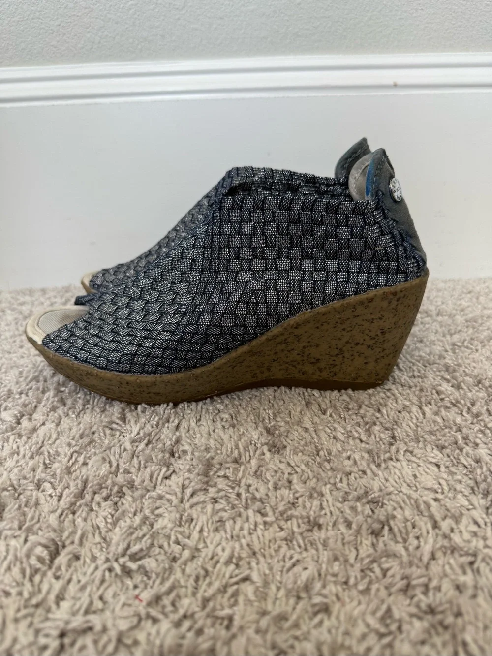 bernie mev. Blue Sparkle Woven Open-Toe Wedge Sandals